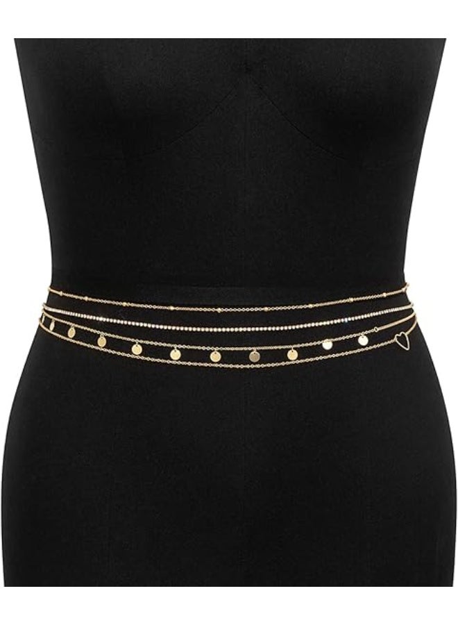 سلسلة خصر وبطن مكونة من 4 قطع، حزام معدني قابل للتعديل باللون الذهبي للنساء، تصميم بوهيمي متعدد الطبقات مع شرابات طويلة، سلسلة خصر ذهبية، مجوهرات صيفية للشاطئ والجسم، مناسبة للفساتين والتنانير. - Image 4